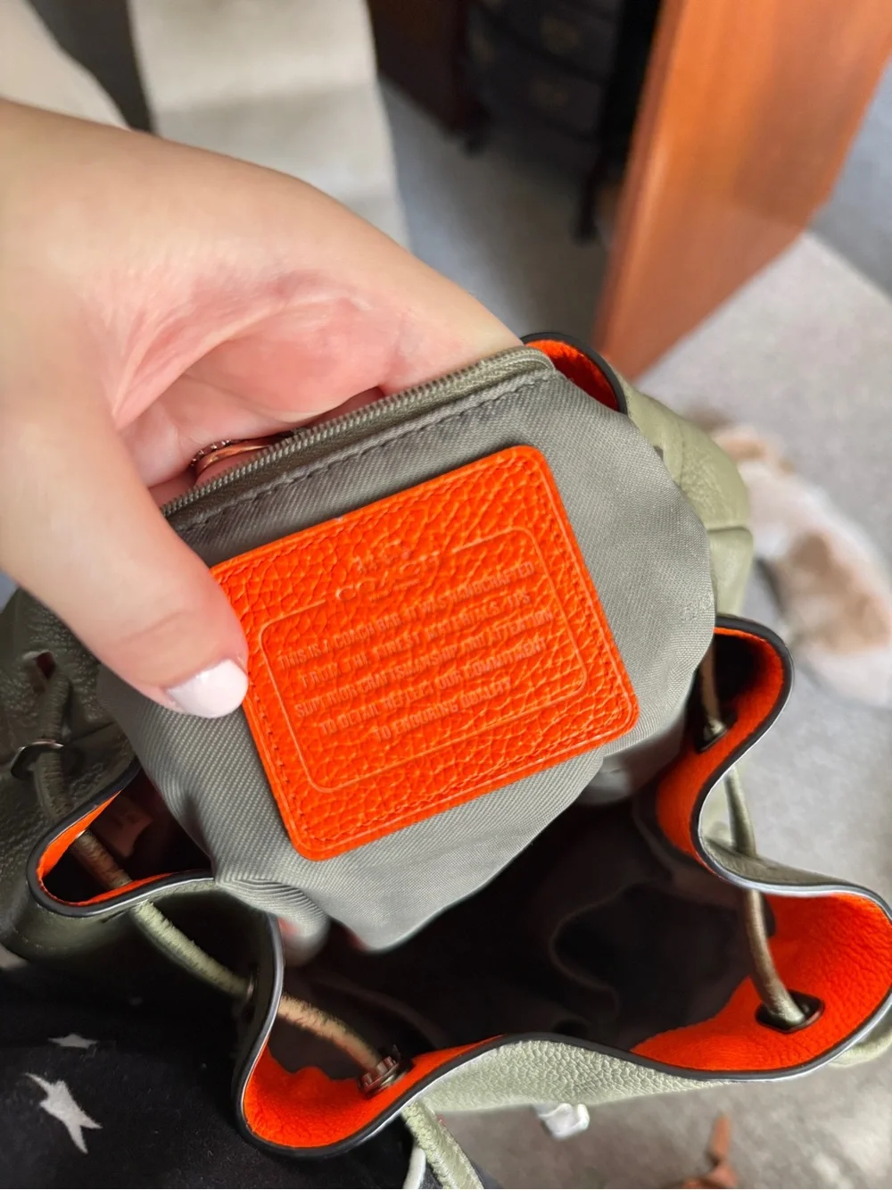 COACH Rucksack Leather Backpack Olive Green with Orange Top Handle